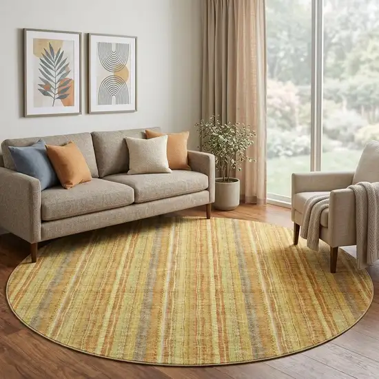 8' Amber And Artichoke Green Striped Washable Round Rug With UV Protection Photo 1
