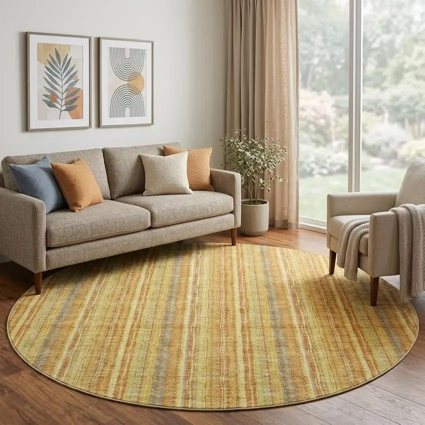8' Amber And Artichoke Green Striped Washable Round Rug With UV Protection Photo 1