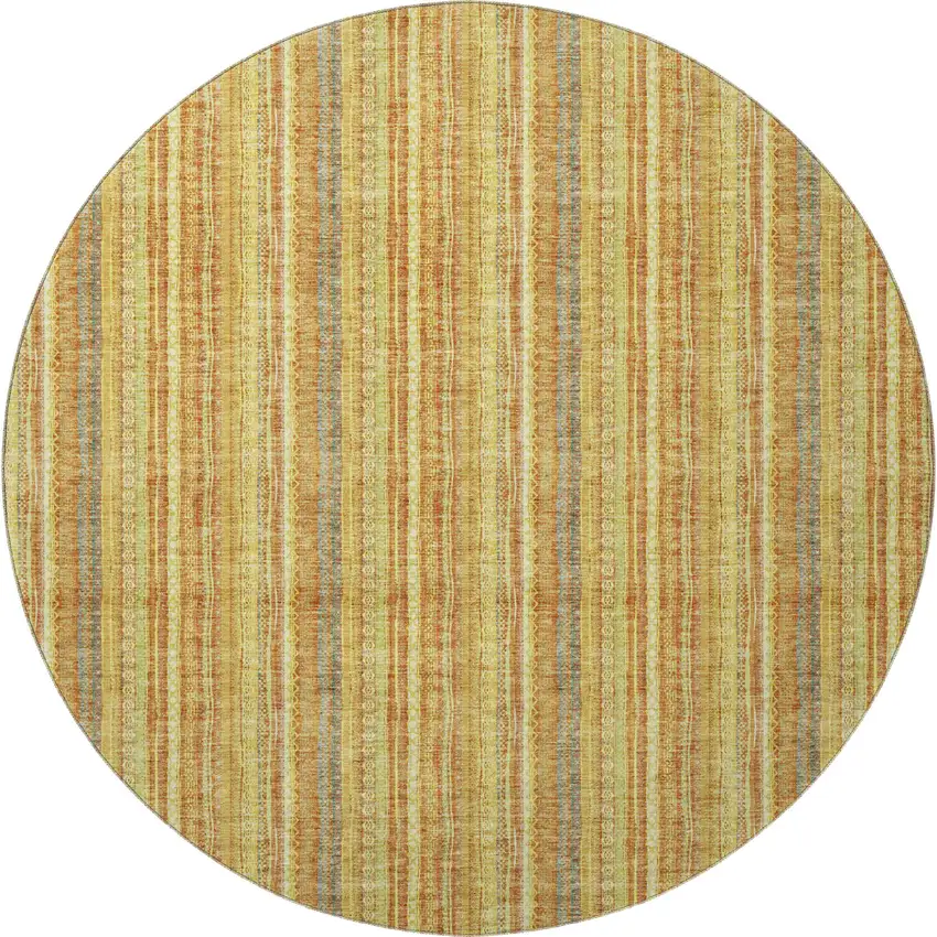 8' Amber And Artichoke Green Striped Washable Round Rug With UV Protection Photo 3