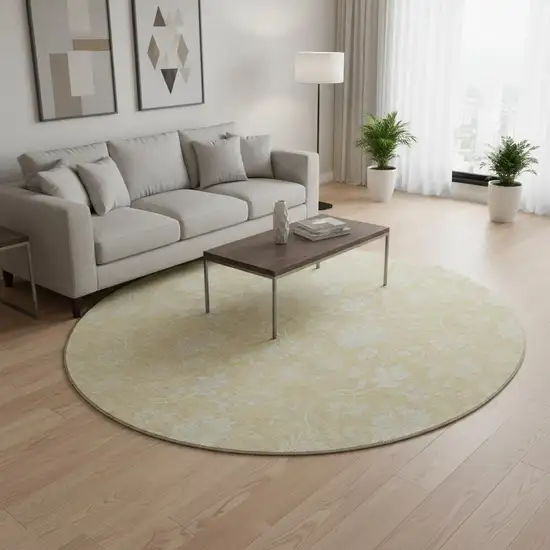 8' Amber And Ivory Floral Washable Round Rug With UV Protection Photo 2