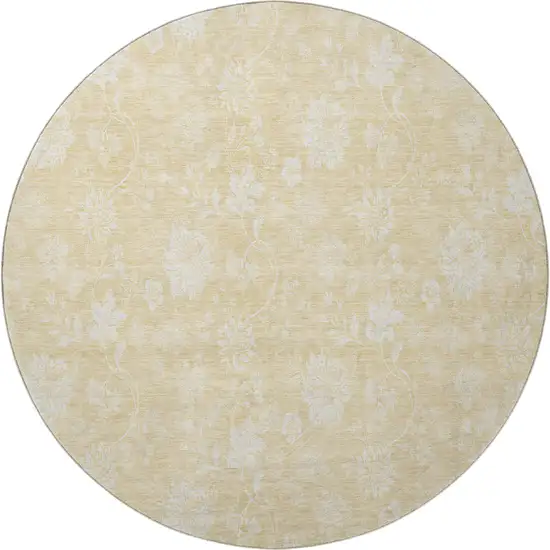 8' Amber And Ivory Floral Washable Round Rug With UV Protection Photo 3