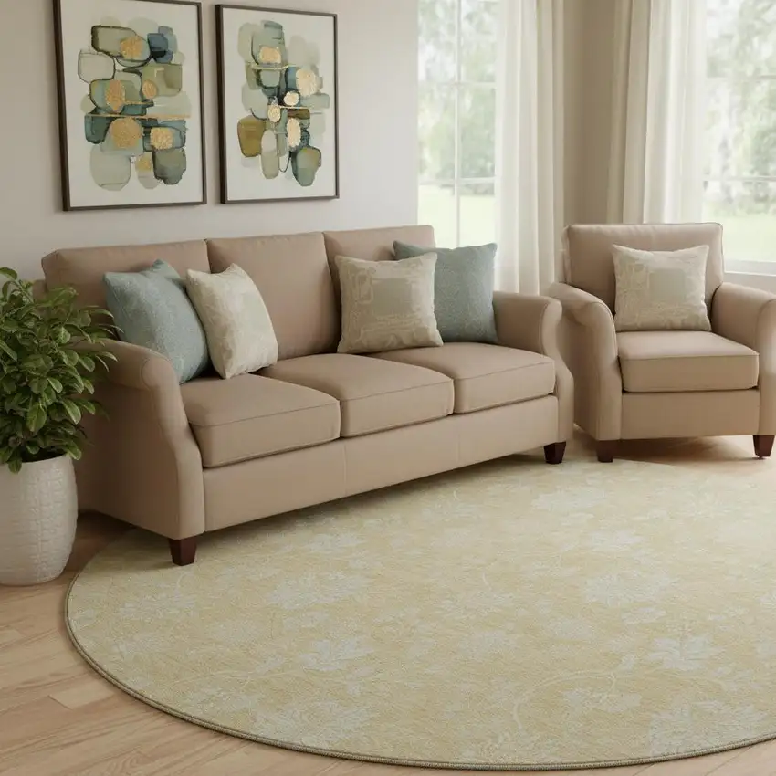 8' Amber And Ivory Floral Washable Round Rug With UV Protection Photo 1