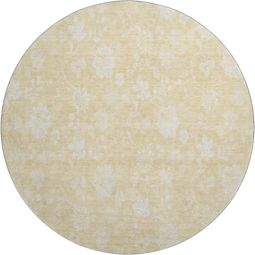 8' Amber And Ivory Floral Washable Round Rug With UV Protection Photo 1
