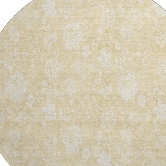 8' Amber And Ivory Floral Washable Round Rug With UV Protection Photo 4
