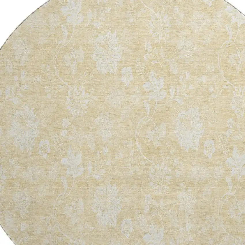 8' Amber And Ivory Floral Washable Round Rug With UV Protection Photo 4