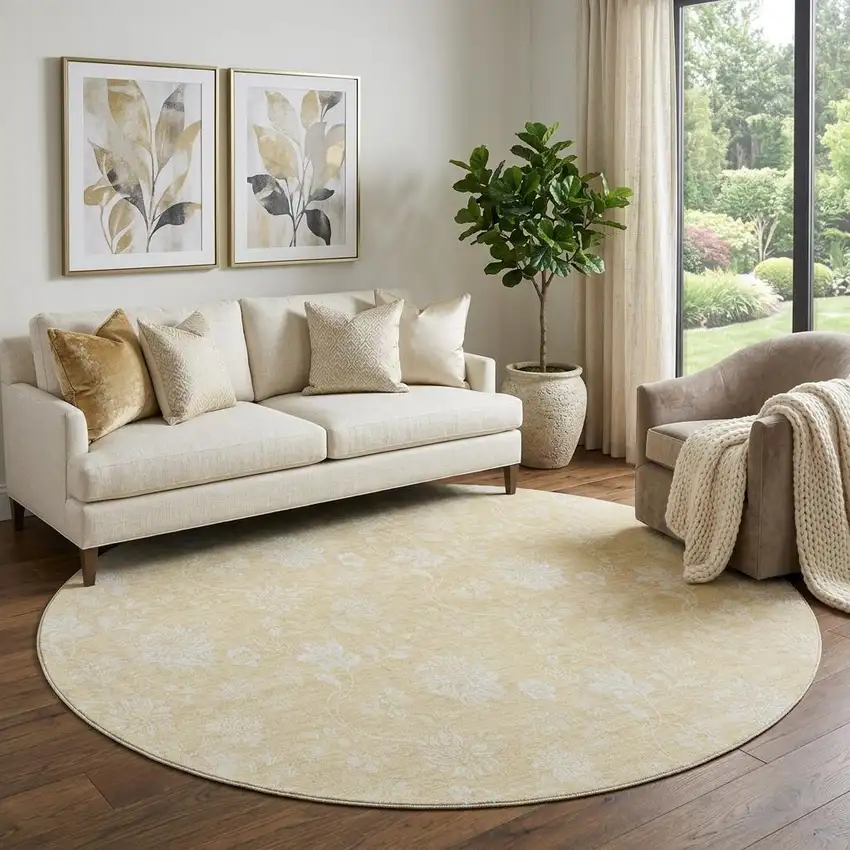 8' Amber And Ivory Floral Washable Round Rug With UV Protection Photo 1