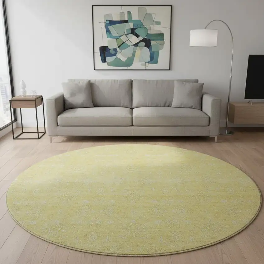 8' Amber And Ivory Floral Washable Round Rug With UV Protection Photo 2