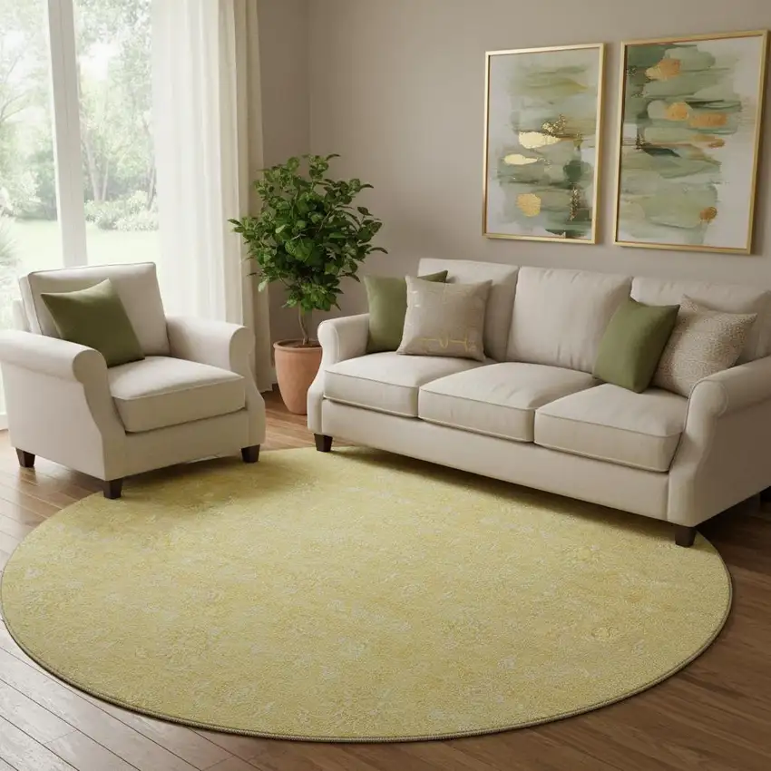 8' Amber And Ivory Floral Washable Round Rug With UV Protection Photo 1