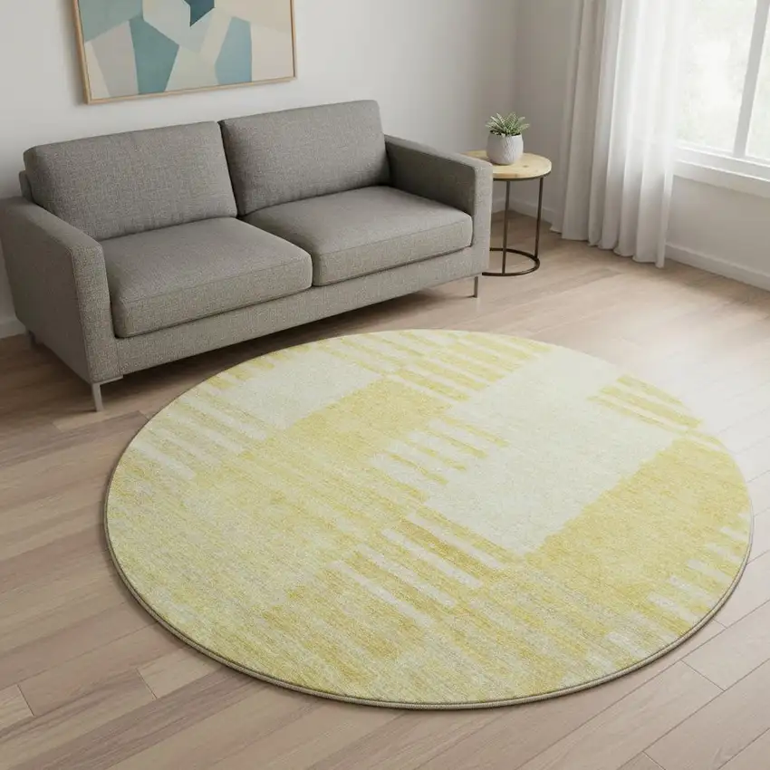 8' Amber And Ivory Striped Washable Round Rug With UV Protection Photo 2