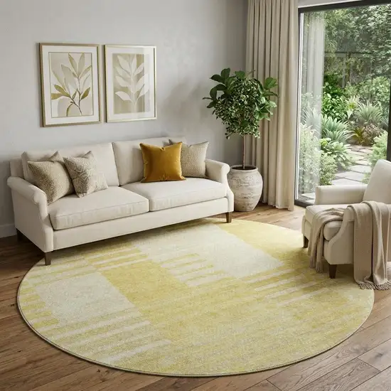 8' Amber And Ivory Striped Washable Round Rug With UV Protection Photo 1