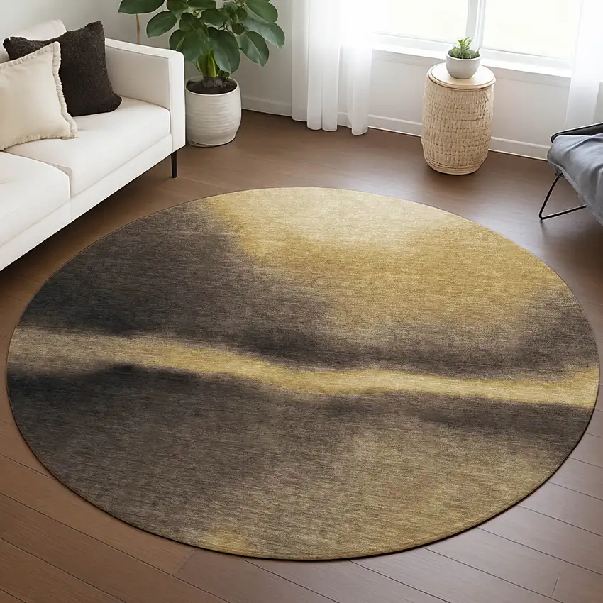 8' Amber Black And Brown Round Abstract Washable Indoor Outdoor Area Rug Photo 5