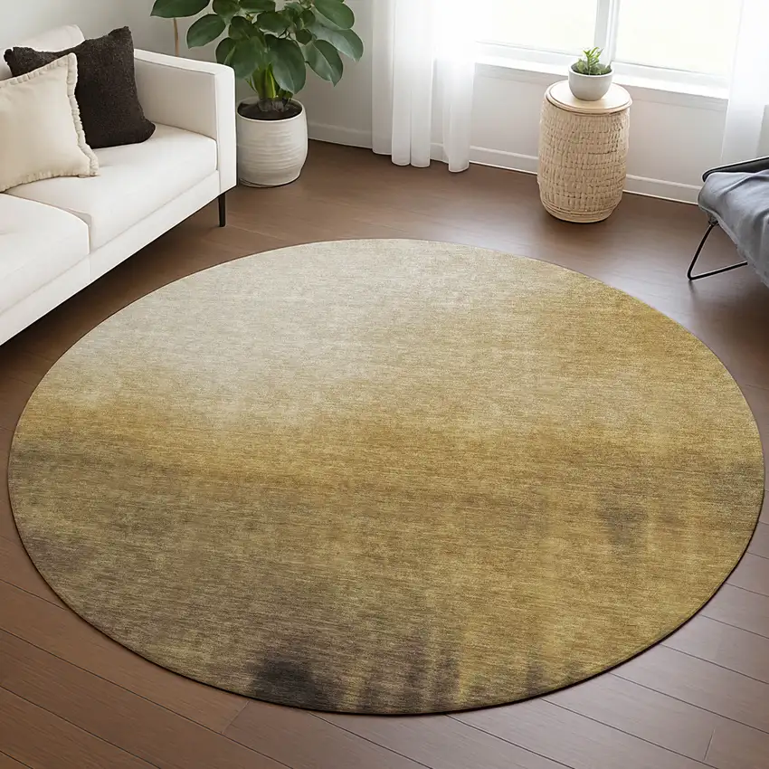 8' Amber Brown And Ivory Round Abstract Washable Indoor Outdoor Area Rug Photo 5