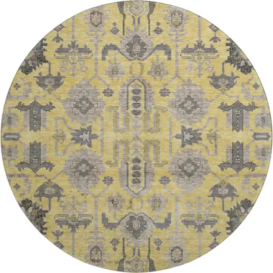 8' Amber Gray And Charcoal Oriental Washable Round Rug With UV Protection Photo 1