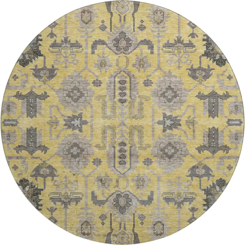 8' Amber Gray And Charcoal Oriental Washable Round Rug With UV Protection Photo 1