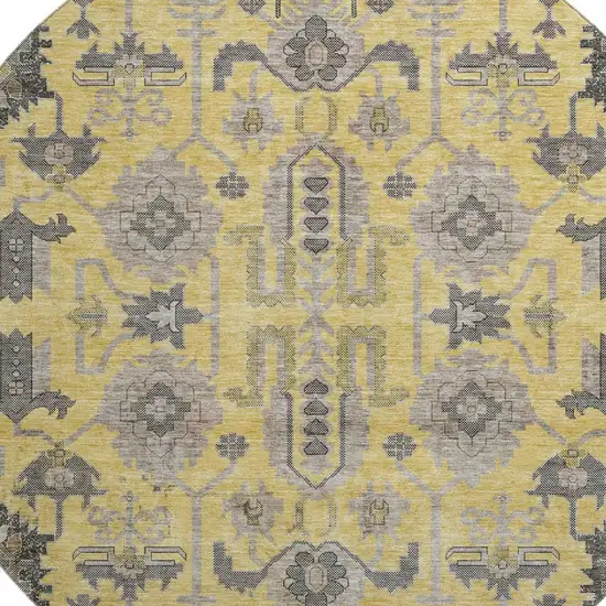 8' Amber Gray And Charcoal Oriental Washable Round Rug With UV Protection Photo 3