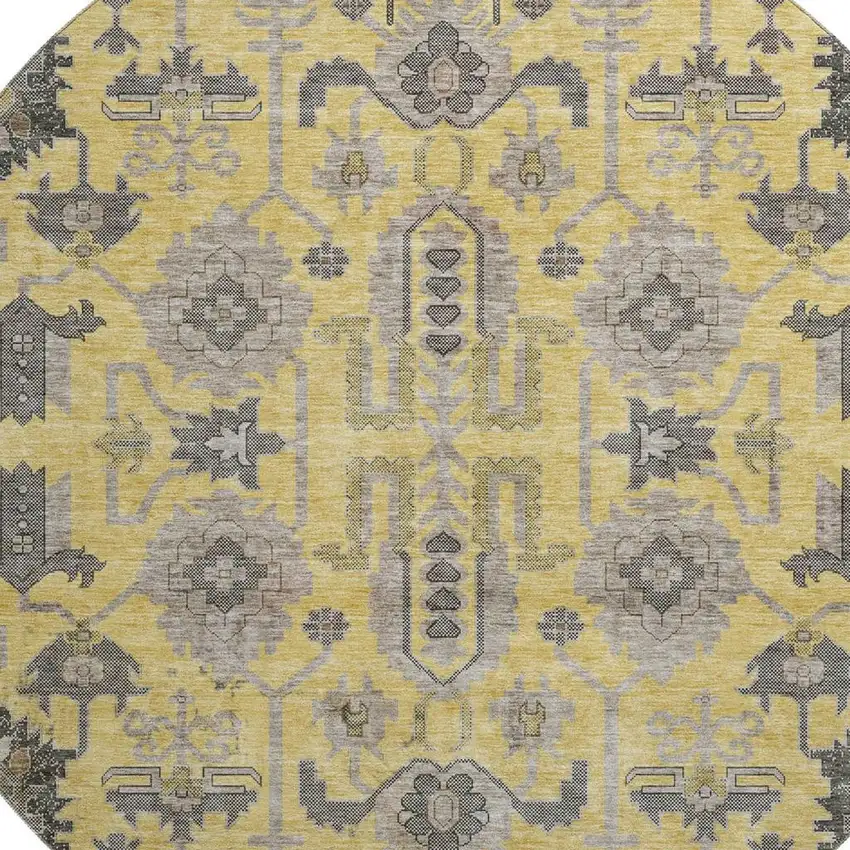 8' Amber Gray And Charcoal Oriental Washable Round Rug With UV Protection Photo 3