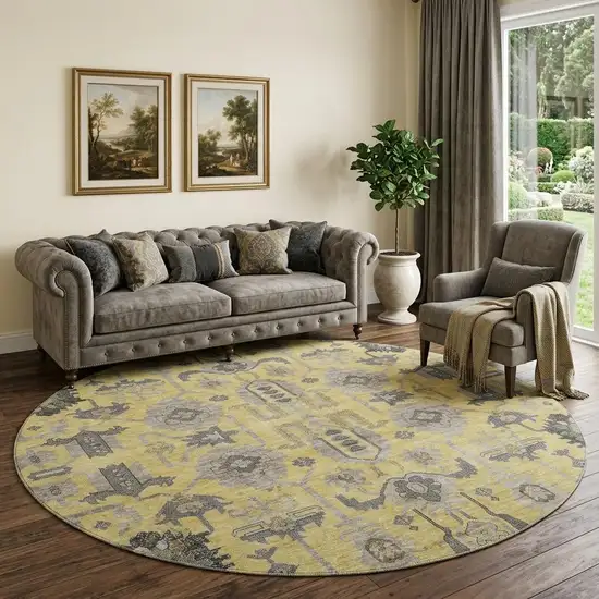 8' Amber Gray And Charcoal Oriental Washable Round Rug With UV Protection Photo 1