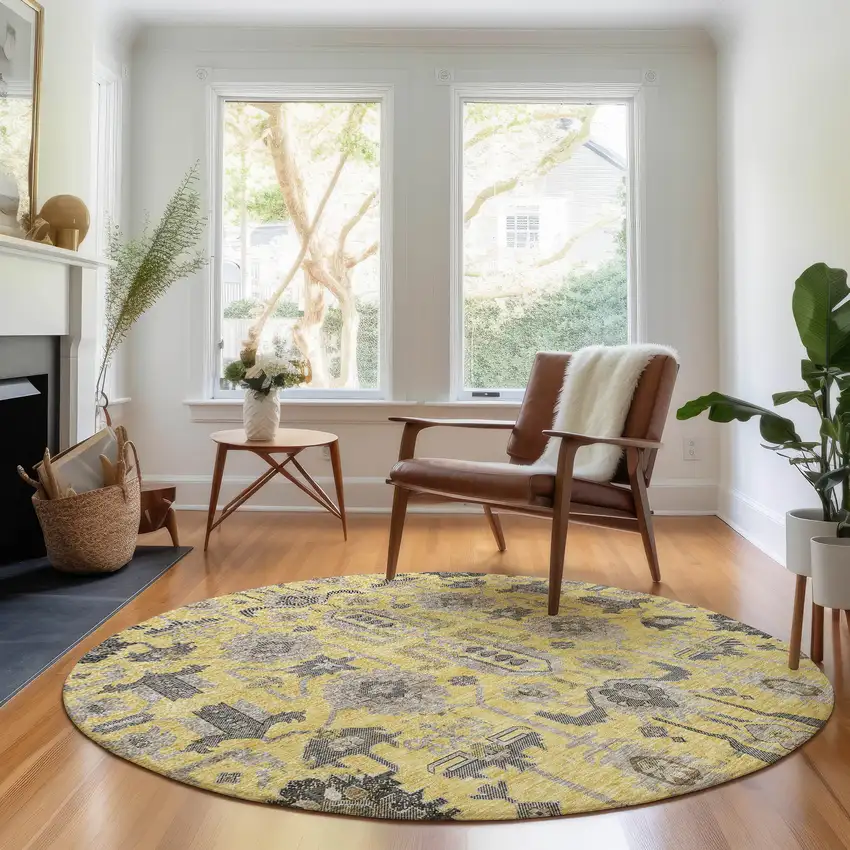 8' Amber Gray And Charcoal Oriental Washable Round Rug With UV Protection Photo 5