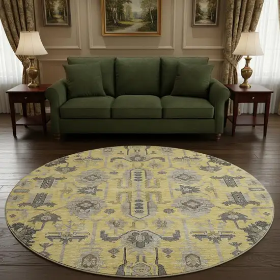 8' Amber Gray And Charcoal Oriental Washable Round Rug With UV Protection Photo 2
