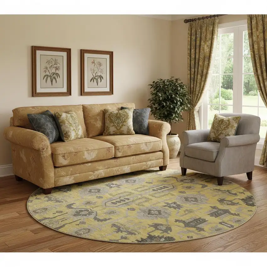 8' Amber Gray And Charcoal Oriental Washable Round Rug With UV Protection Photo 1