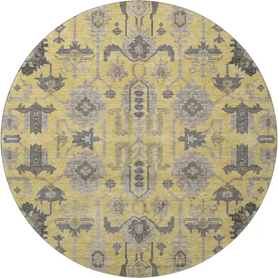 8' Amber Gray And Charcoal Oriental Washable Round Rug With UV Protection Photo 4