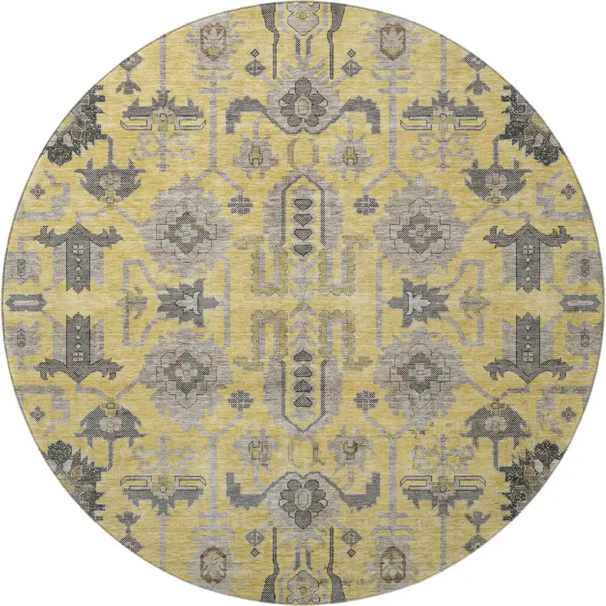 8' Amber Gray And Charcoal Oriental Washable Round Rug With UV Protection Photo 4