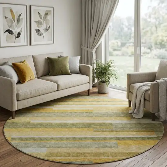 8' Amber Ivory And Gray Striped Washable Round Rug With UV Protection Photo 1