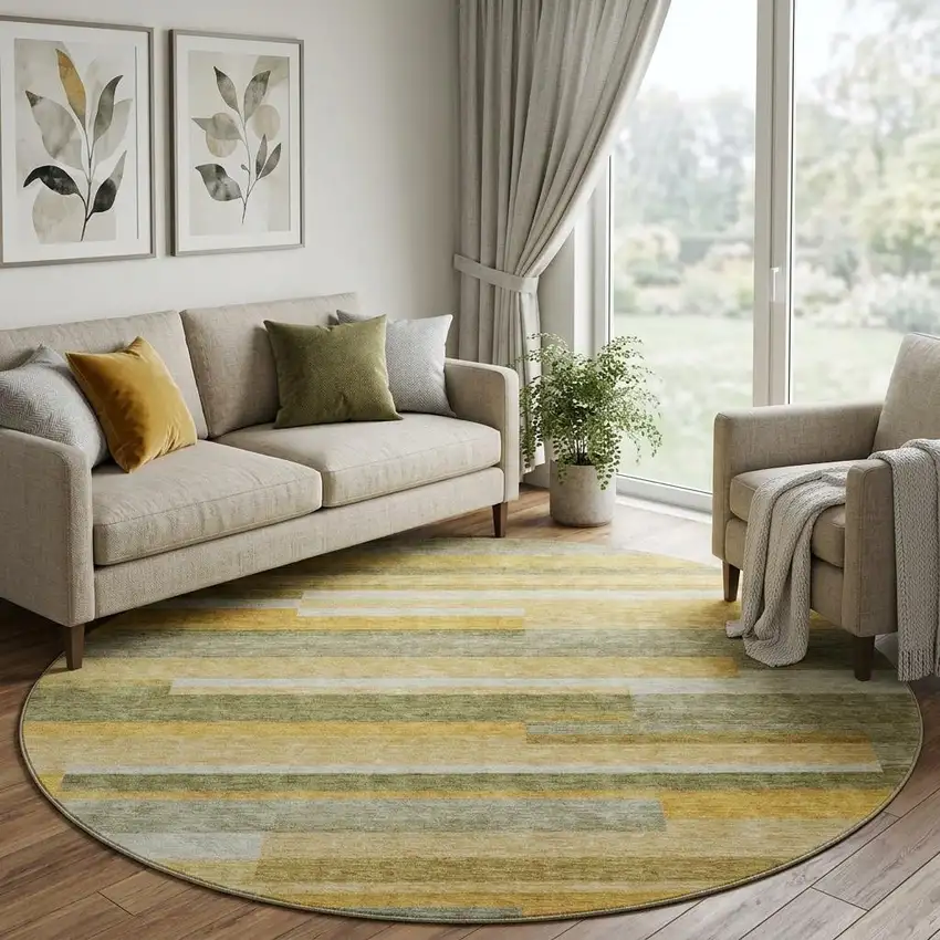 8' Amber Ivory And Gray Striped Washable Round Rug With UV Protection Photo 1