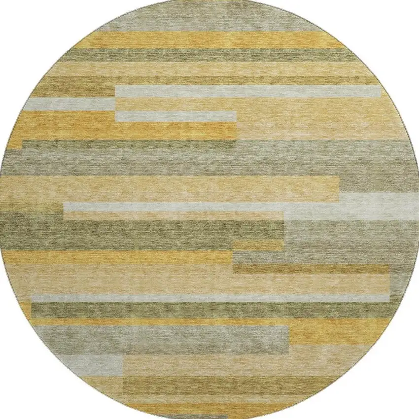 8' Amber Ivory And Gray Striped Washable Round Rug With UV Protection Photo 2