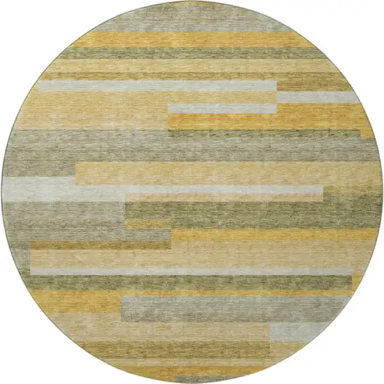8' Amber Ivory And Gray Striped Washable Round Rug With UV Protection Photo 3