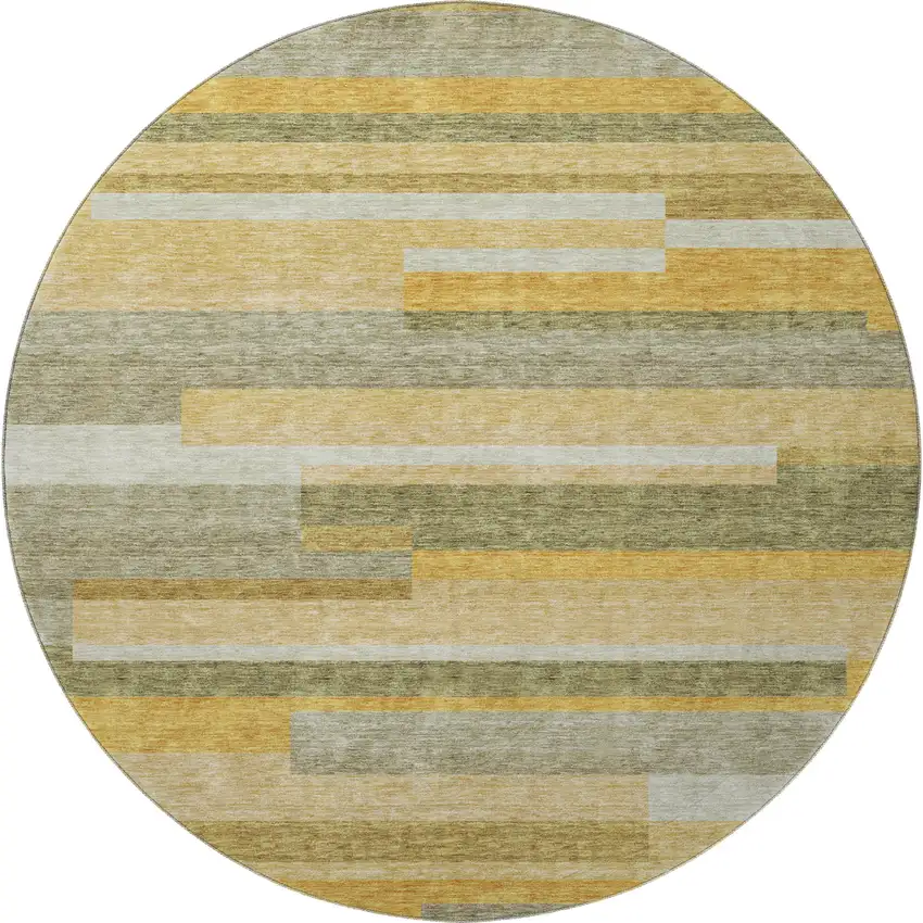 8' Amber Ivory And Gray Striped Washable Round Rug With UV Protection Photo 3