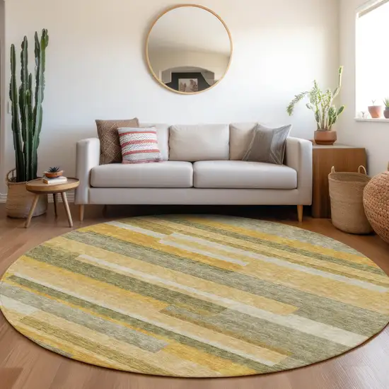 8' Amber Ivory And Gray Striped Washable Round Rug With UV Protection Photo 4