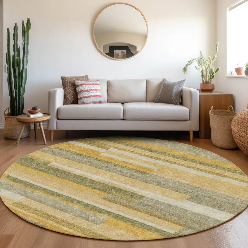 8' Amber Ivory And Gray Striped Washable Round Rug With UV Protection Photo 4