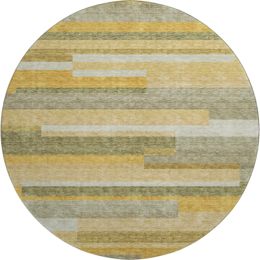 8' Amber Ivory And Gray Striped Washable Round Rug With UV Protection Photo 1