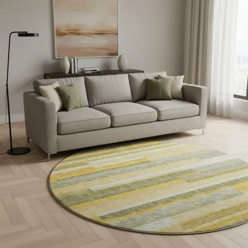 8' Amber Ivory And Gray Striped Washable Round Rug With UV Protection Photo 2