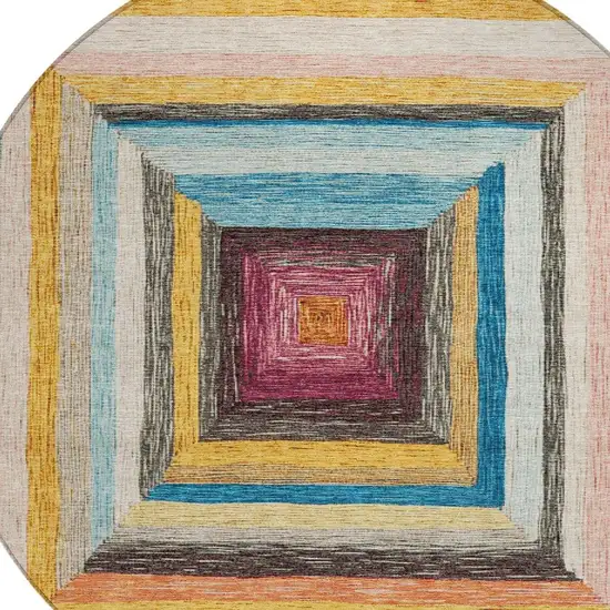 8' Amber Pink And Teal Blue Round Geometric Washable Indoor Outdoor Area Rug Photo 8