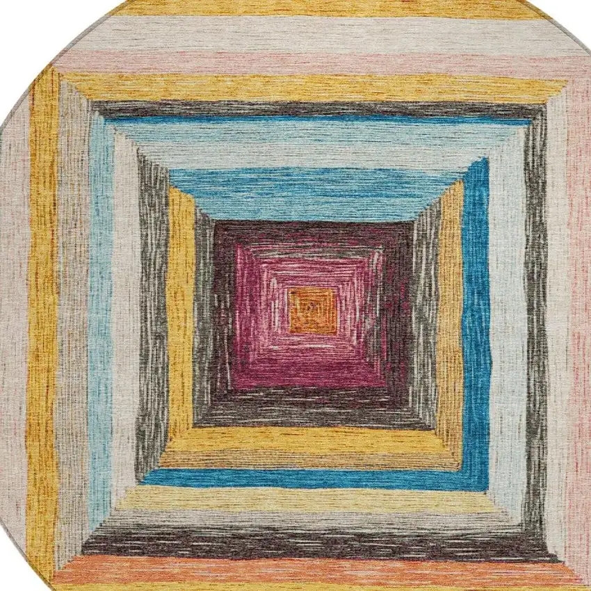 8' Amber Pink And Teal Blue Round Geometric Washable Indoor Outdoor Area Rug Photo 8