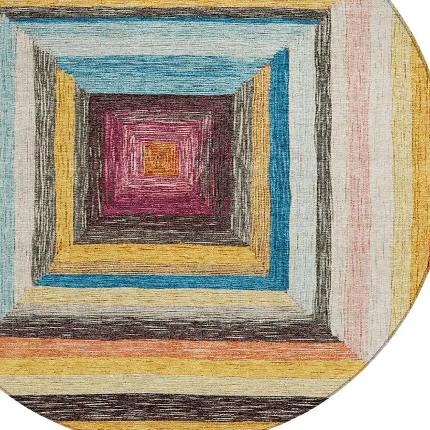 8' Amber Pink And Teal Blue Round Geometric Washable Indoor Outdoor Area Rug Photo 4