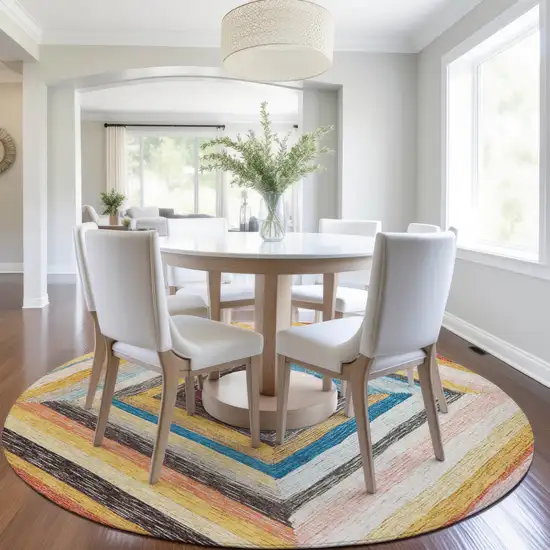 8' Amber Pink And Teal Blue Round Geometric Washable Indoor Outdoor Area Rug Photo 7