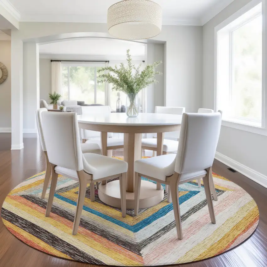 8' Amber Pink And Teal Blue Round Geometric Washable Indoor Outdoor Area Rug Photo 7