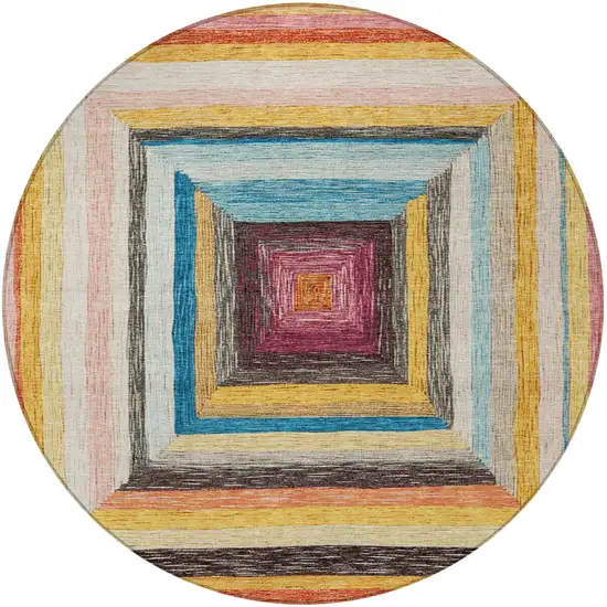 8' Amber Pink And Teal Blue Round Geometric Washable Indoor Outdoor Area Rug Photo 3