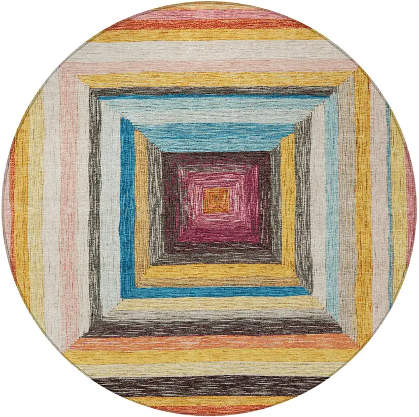 8' Amber Pink And Teal Blue Round Geometric Washable Indoor Outdoor Area Rug Photo 3