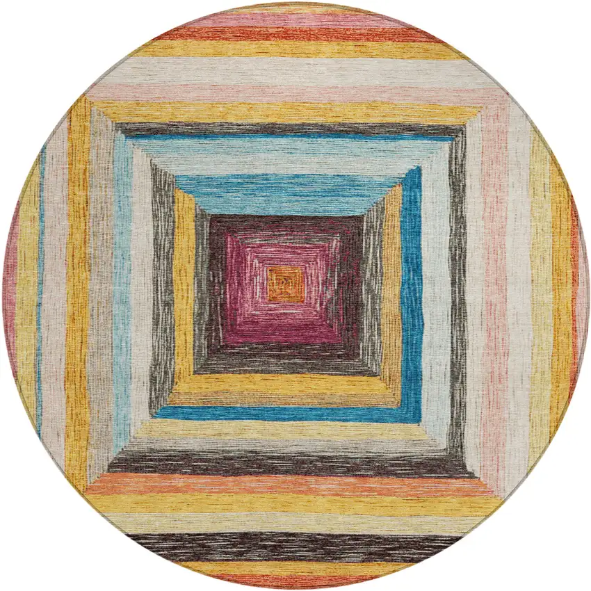 8' Amber Pink And Teal Blue Round Geometric Washable Indoor Outdoor Area Rug Photo 1