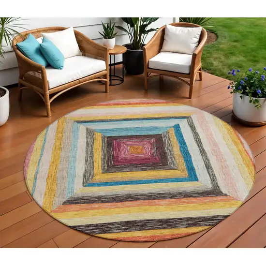 8' Amber Pink And Teal Blue Round Geometric Washable Indoor Outdoor Area Rug Photo 2