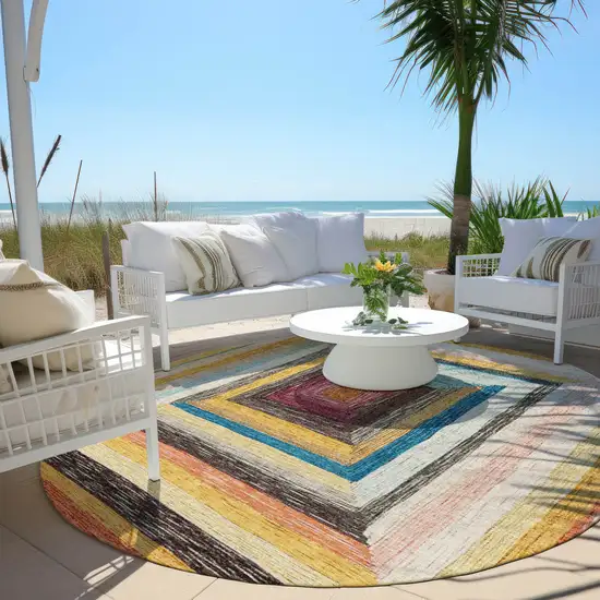 8' Amber Pink And Teal Blue Round Geometric Washable Indoor Outdoor Area Rug Photo 6