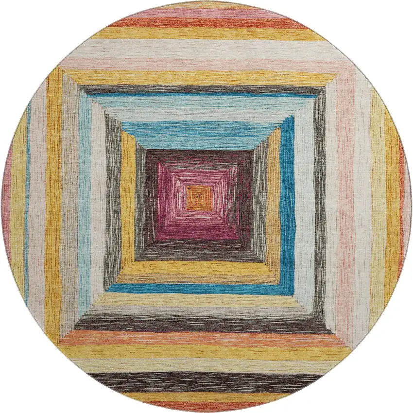8' Amber Pink And Teal Geometric Washable Round Rug With UV Protection Photo 1