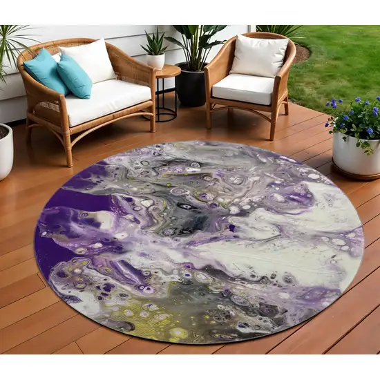 8' Amethyst Ivory And Gold Round Abstract Washable Indoor Outdoor Area Rug Photo 1