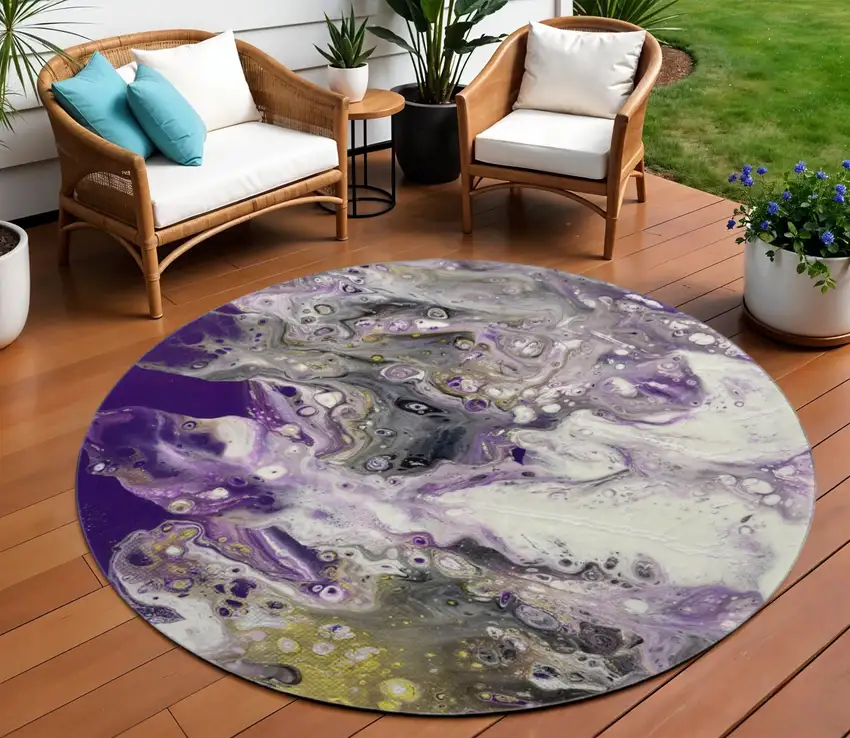 8' Amethyst Ivory And Gold Round Abstract Washable Indoor Outdoor Area Rug Photo 1