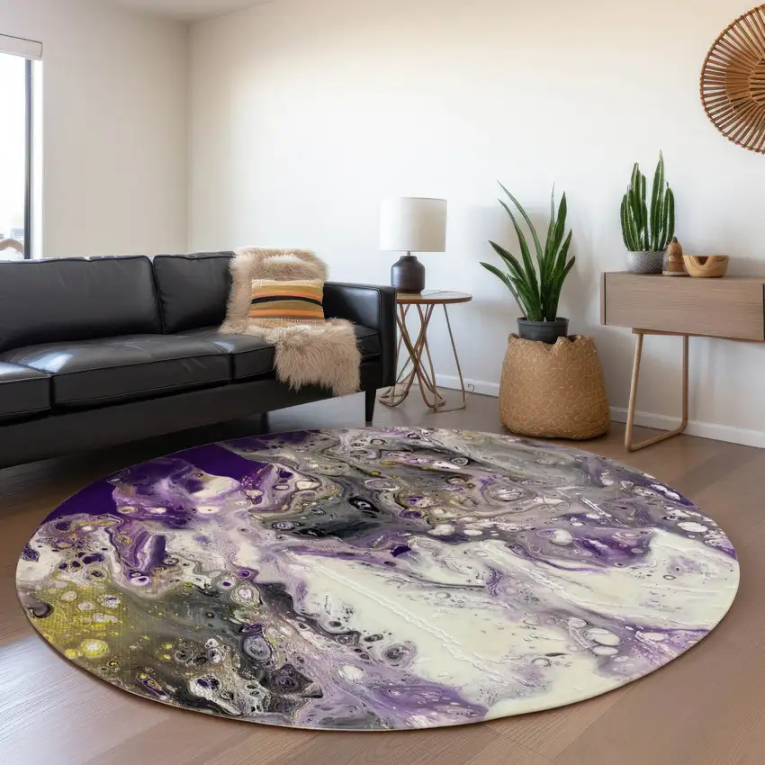 8' Amethyst Ivory And Gold Round Abstract Washable Indoor Outdoor Area Rug Photo 7
