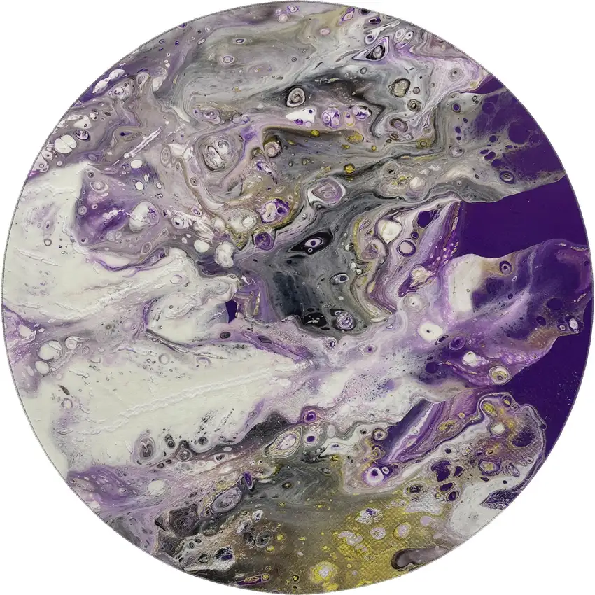 8' Amethyst Ivory And Gold Round Abstract Washable Indoor Outdoor Area Rug Photo 4